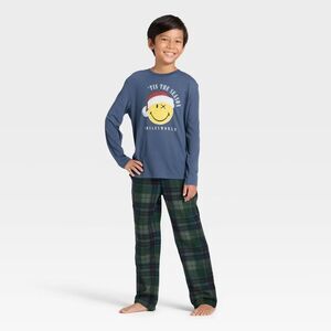 Smiley World Boys Medium 8 Blue Plaid Christmas Long Sleeve Pajama Set 2pc NWT